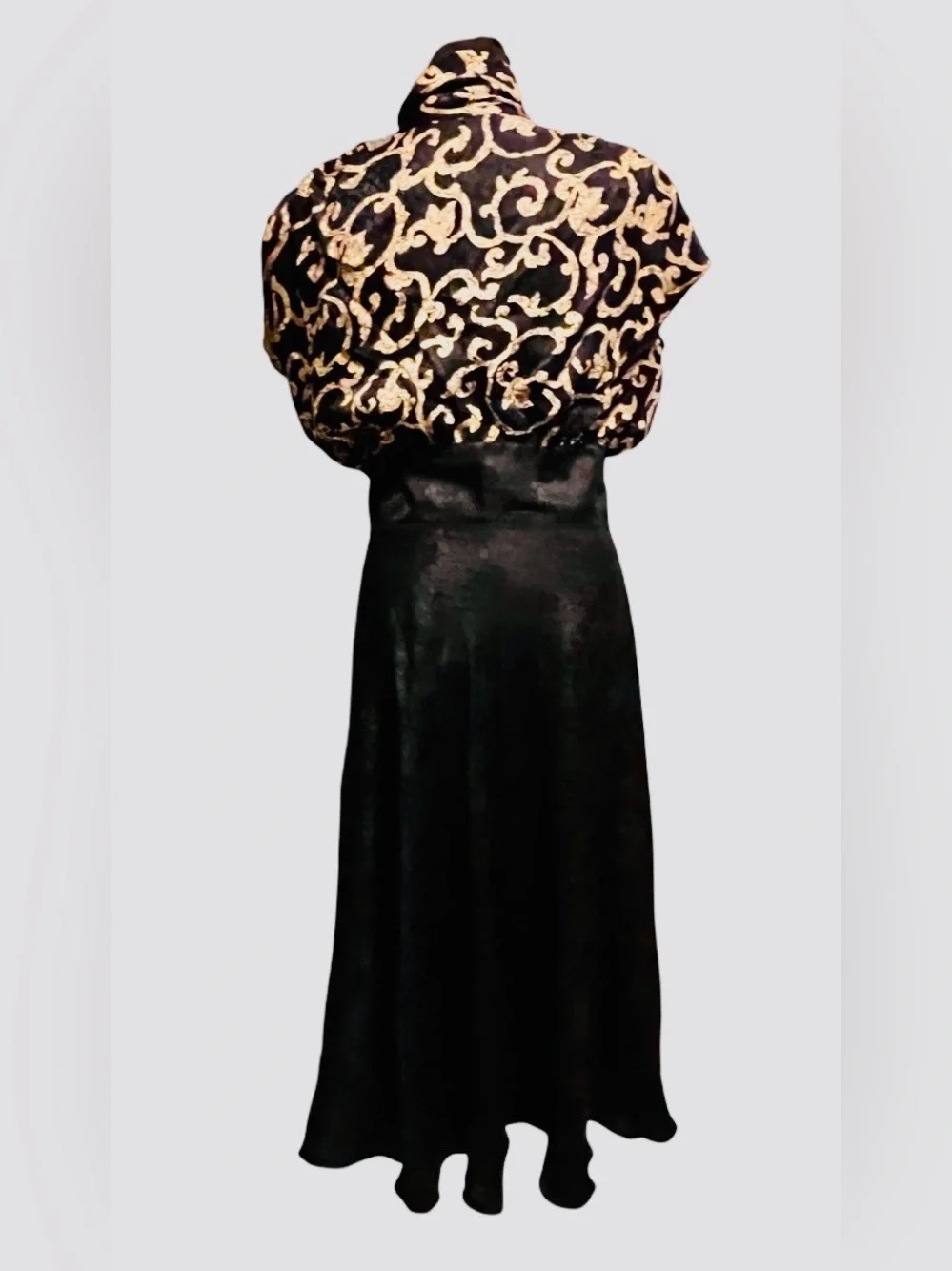 Vintage Maggy London Silk Maxi Dress with Gold Scroll Print Bodice